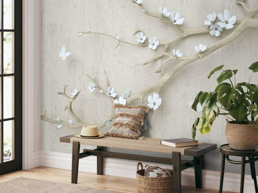 Zweig mit weißen Blumen auf hölzernem Hintergrund