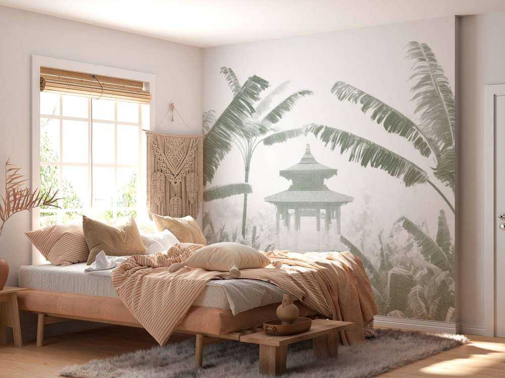 Nebeliger Tempelgarten, grün