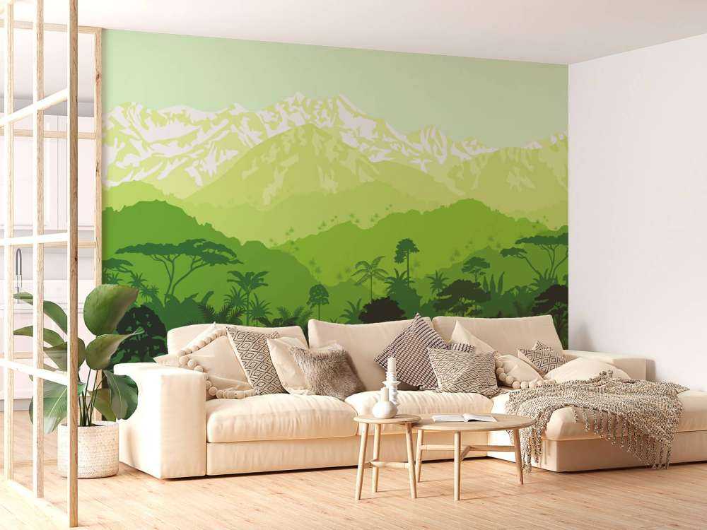 Urwaldbäume und hohe Berge