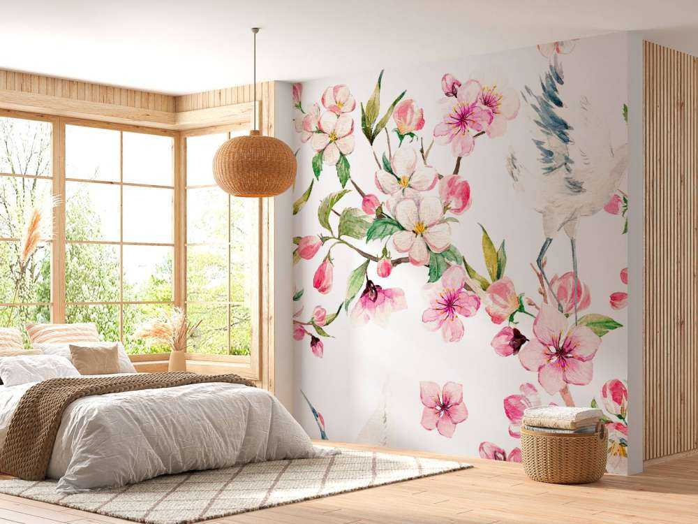 Gemalte Kraniche an Blumen