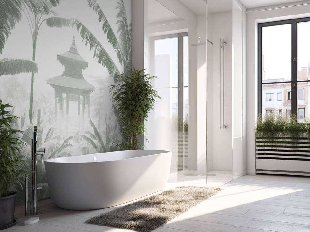 Nebeliger Tempelgarten, grün