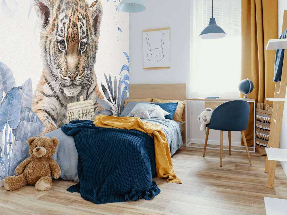 Niedlicher Tiger mit Pflanzen blau