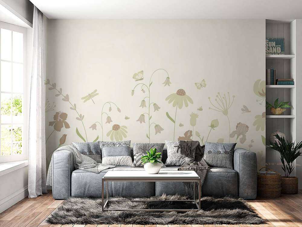 Blumenfeld hoch mit Schmetterlingen beige und altrosa