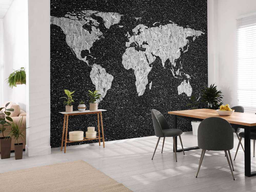 Weiße Weltkarte auf schwarzem Hintergrund