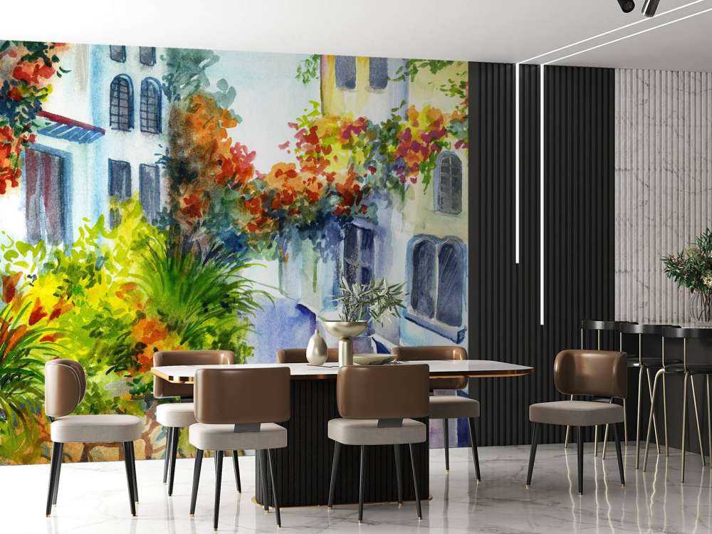 Aquarell Blumen und Gebäude