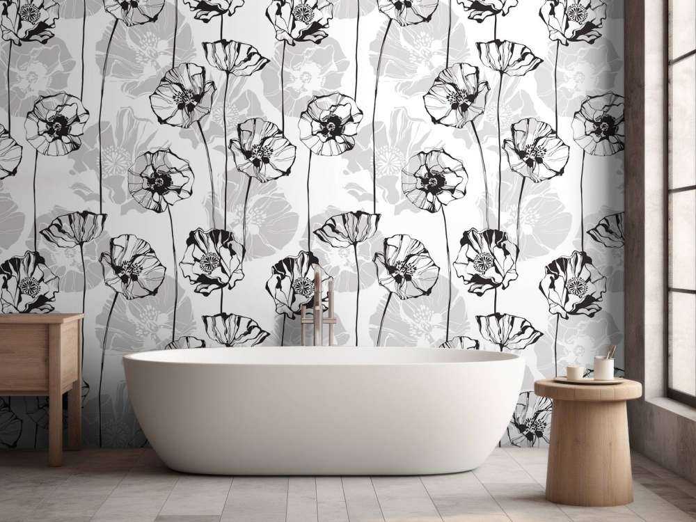 Tapete mit grafischen Mohnblumen