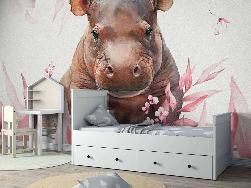 Baby-Nilpferd zwischen den Blättern rosa