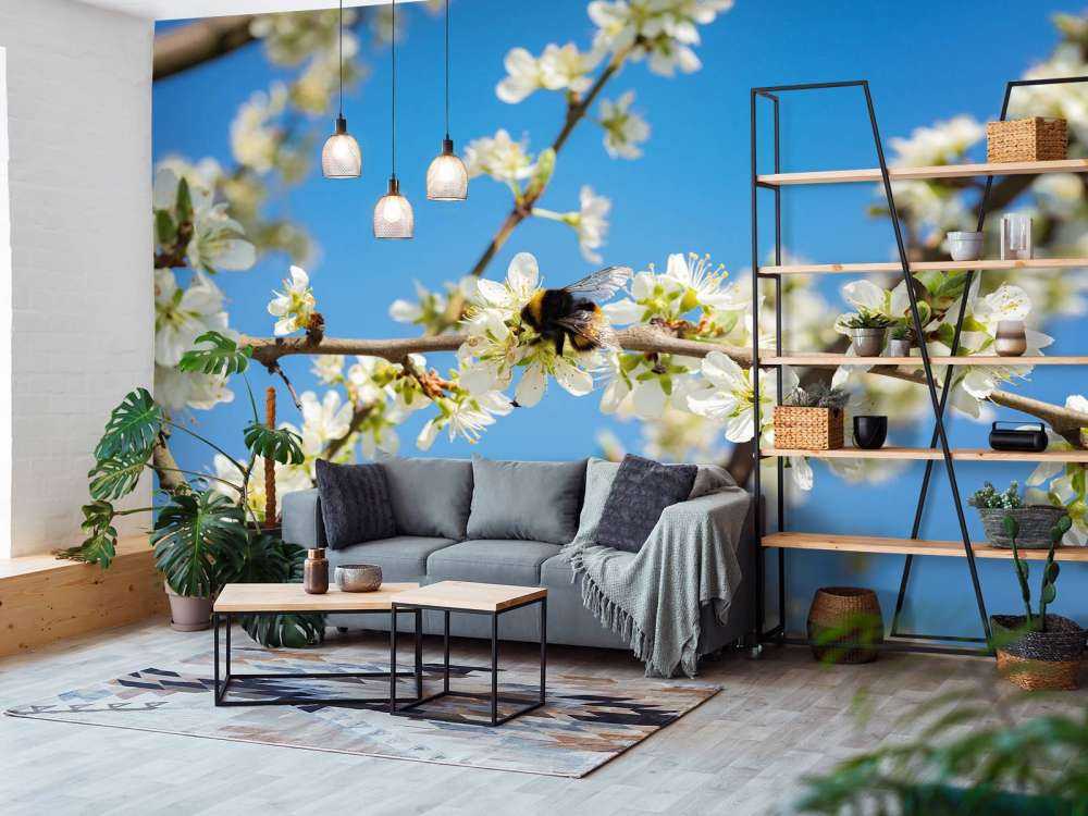 Hummel mit weißen Blüten