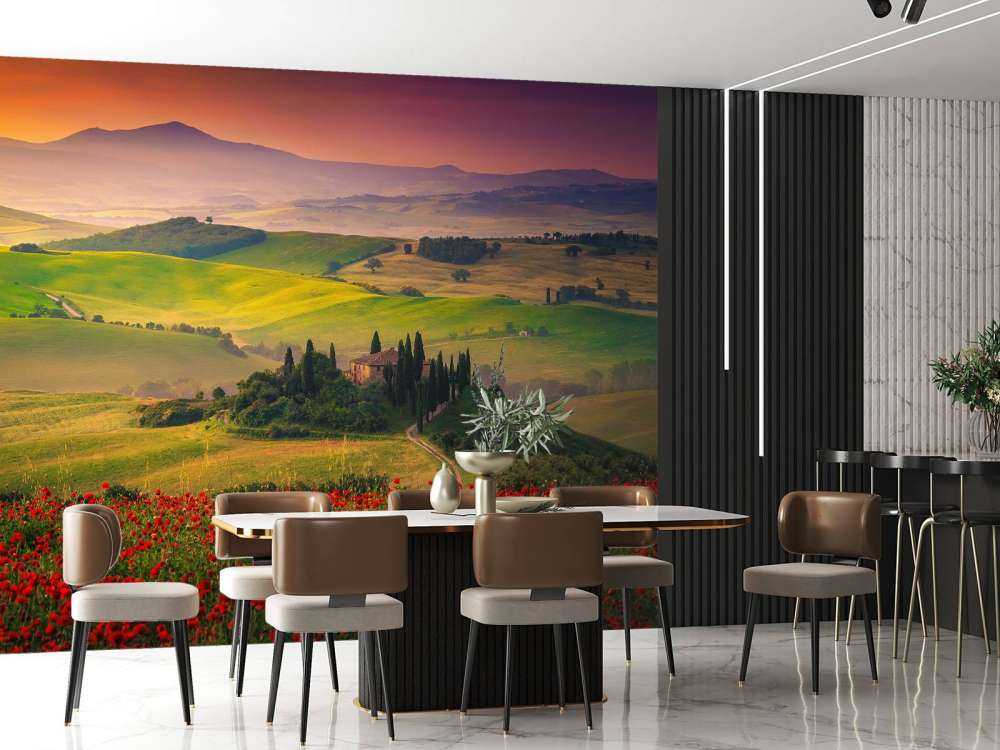 Roter Mohn mit italienischer Landschaft