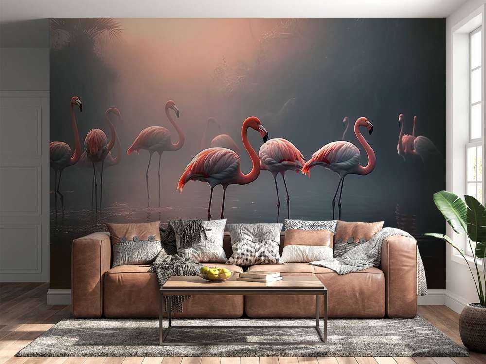Nebeliger Flamingo Morgendämmerung