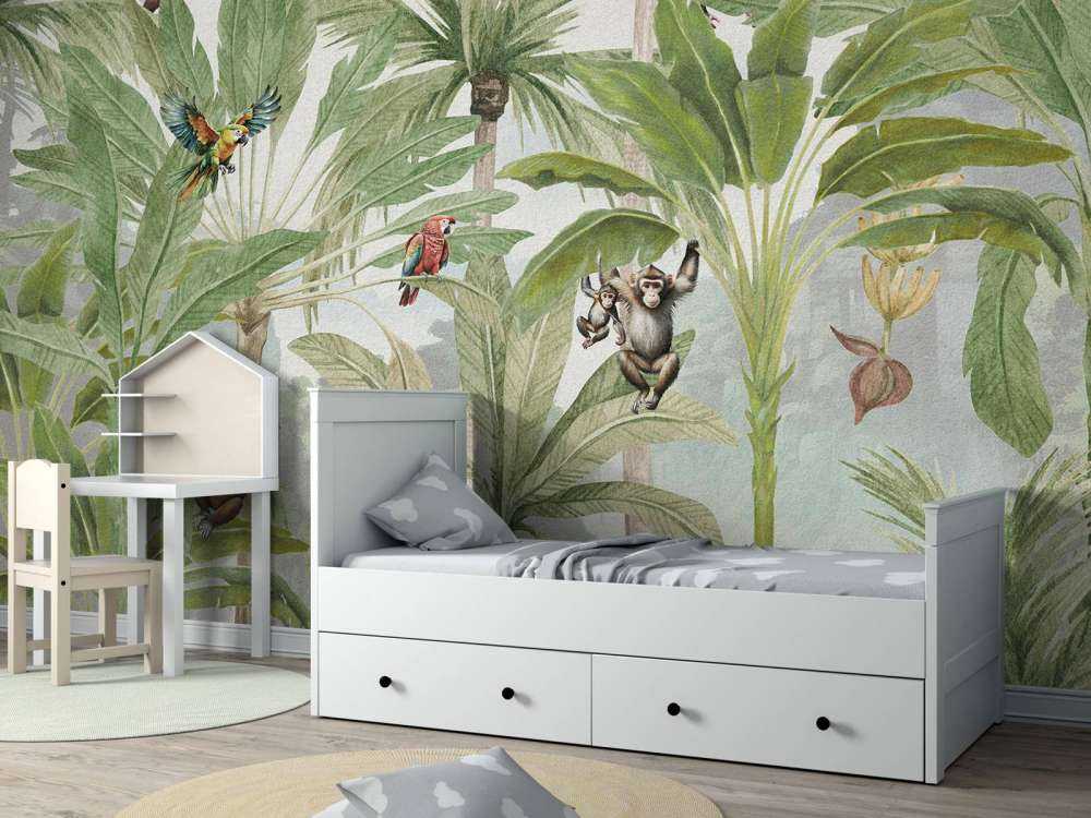 Dschungel mit Affen und Papageien in Farbe