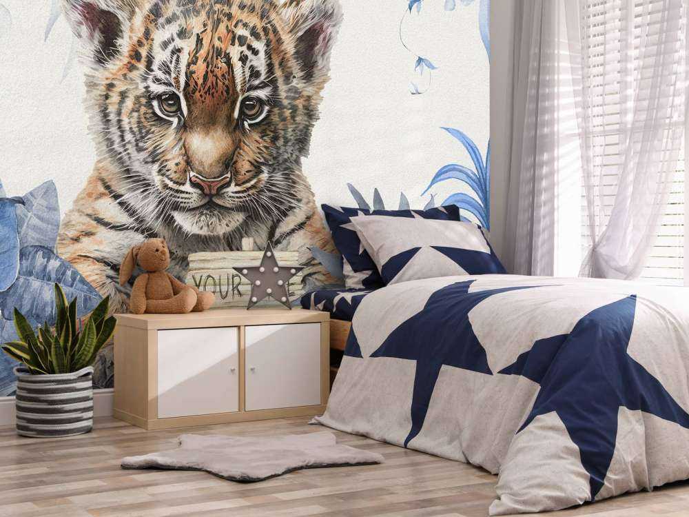 Niedlicher Tiger mit Pflanzen blau