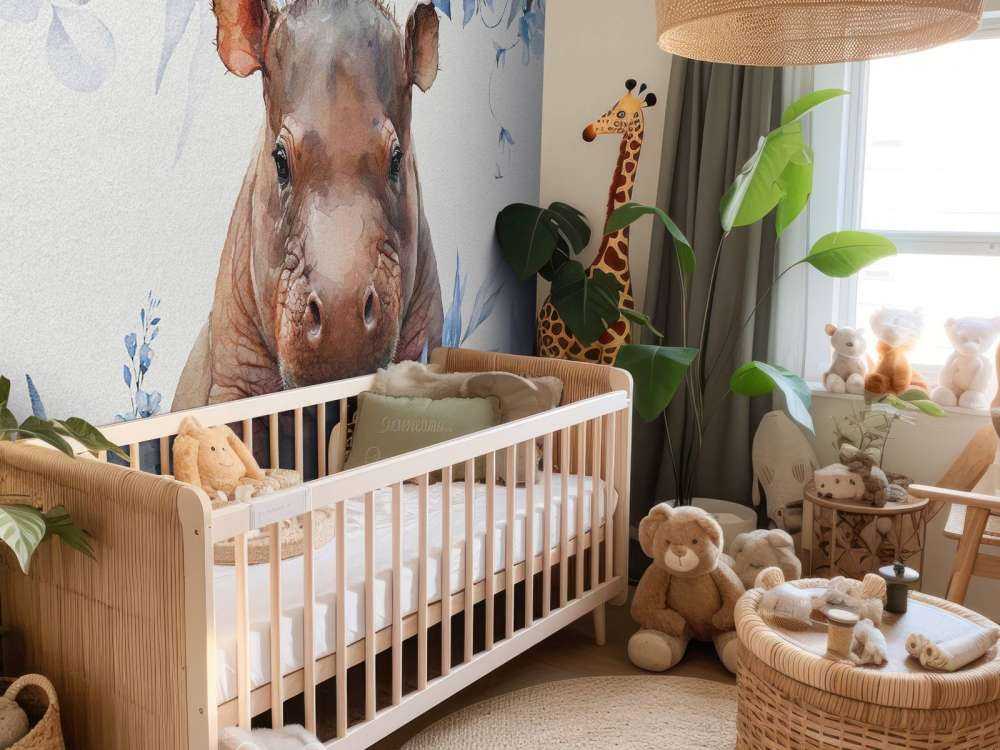 Baby Nilpferd zwischen den Blättern blau