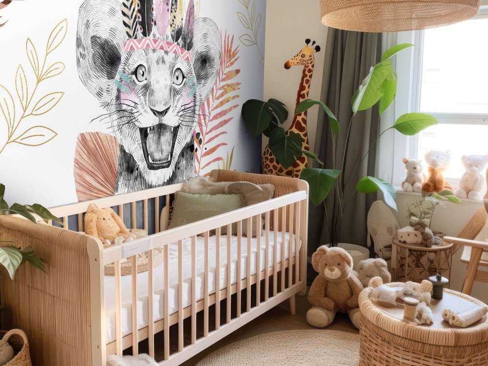 Löwenbaby mit korallenroten und goldenen Blättern