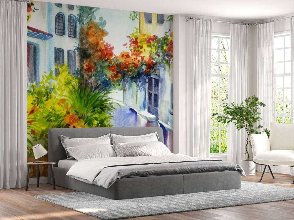 Aquarell Blumen und Gebäude