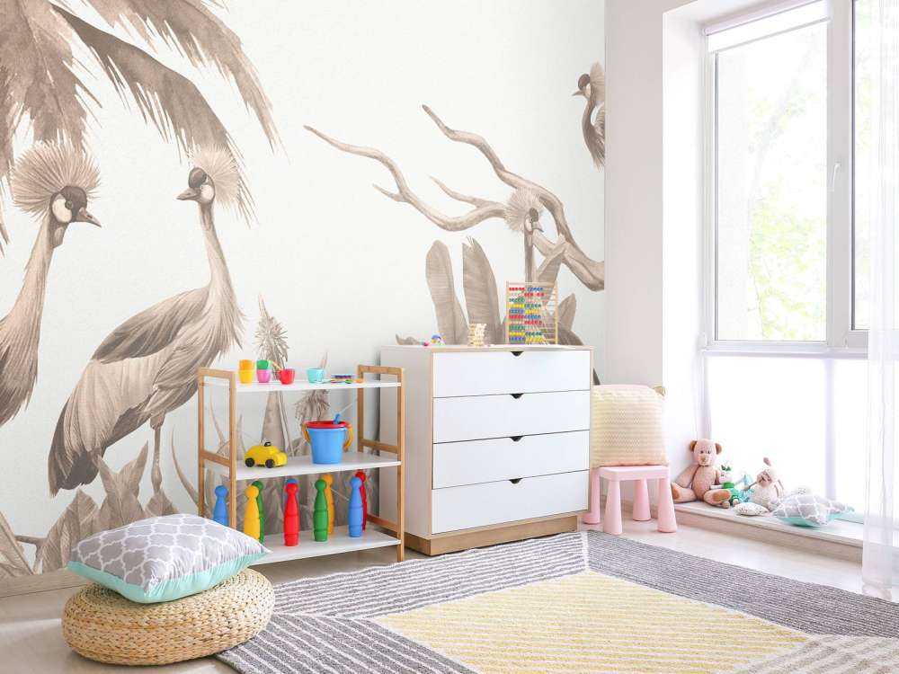 Dschungel mit Kranichen in Taupe