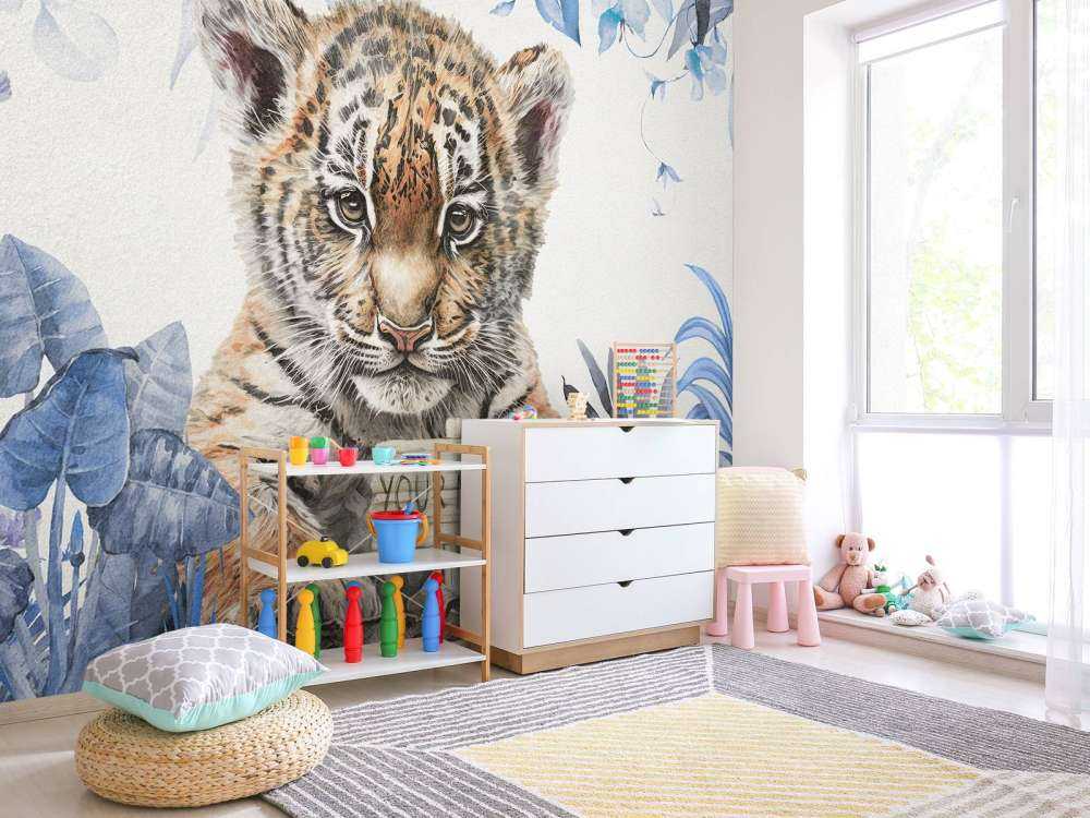 Niedlicher Tiger mit Pflanzen blau