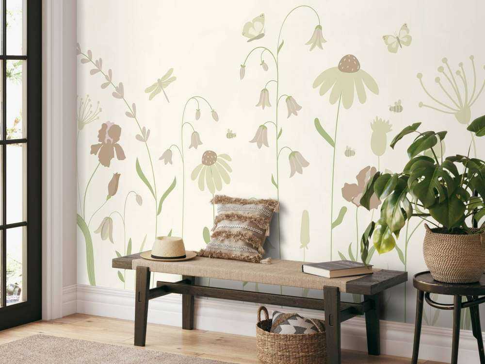 Blumenfeld hoch mit Schmetterlingen beige und altrosa