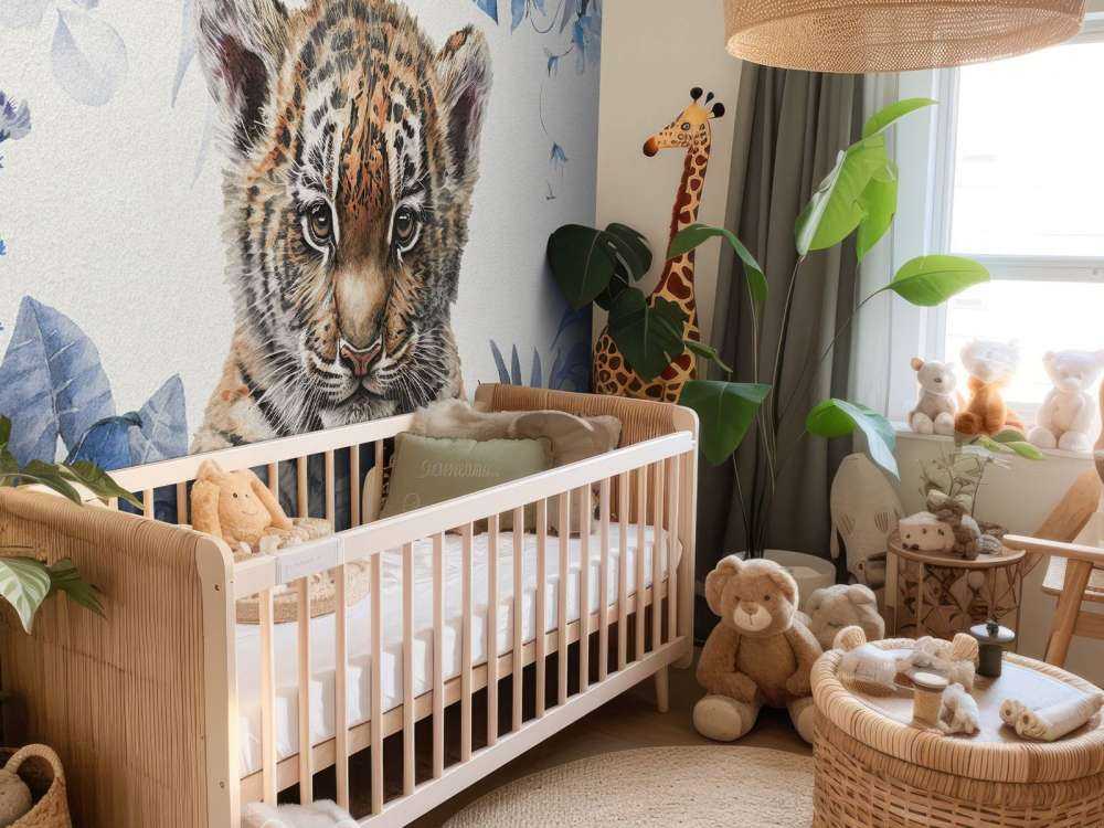Niedlicher Tiger mit Pflanzen blau