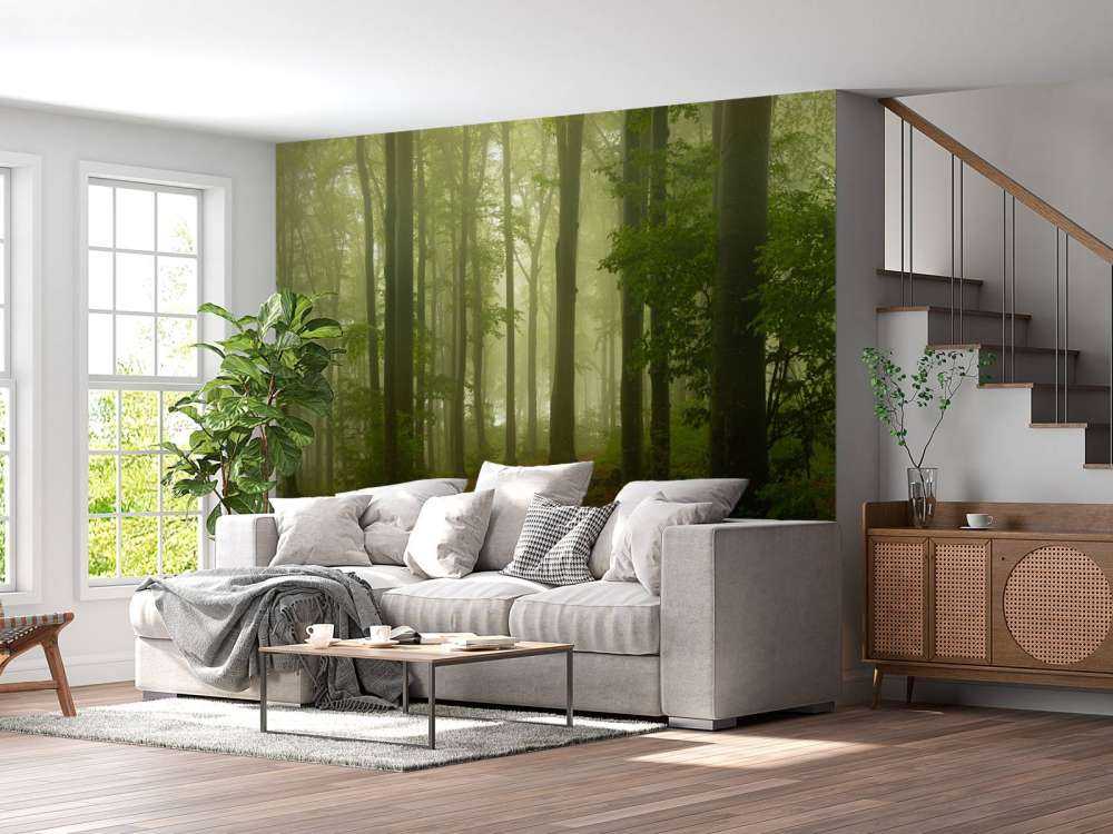Weg durch nebligen grünen Wald