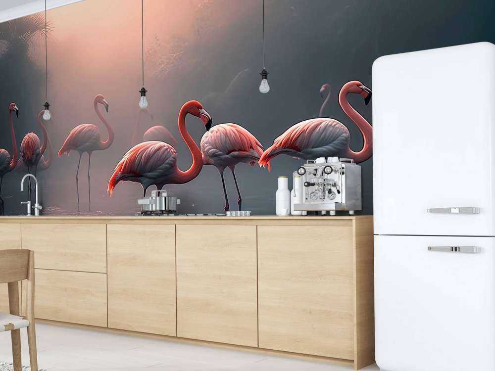 Nebeliger Flamingo Morgendämmerung