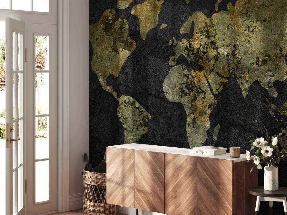Weltkarte mit goldgrüner Textur