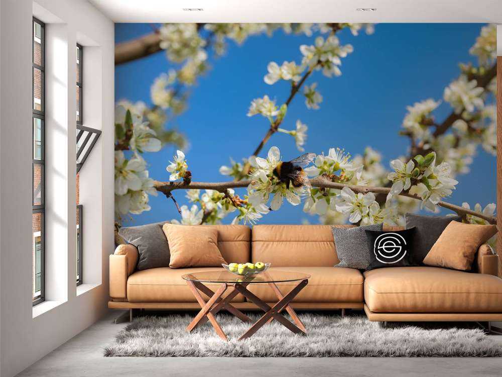 Hummel mit weißen Blüten