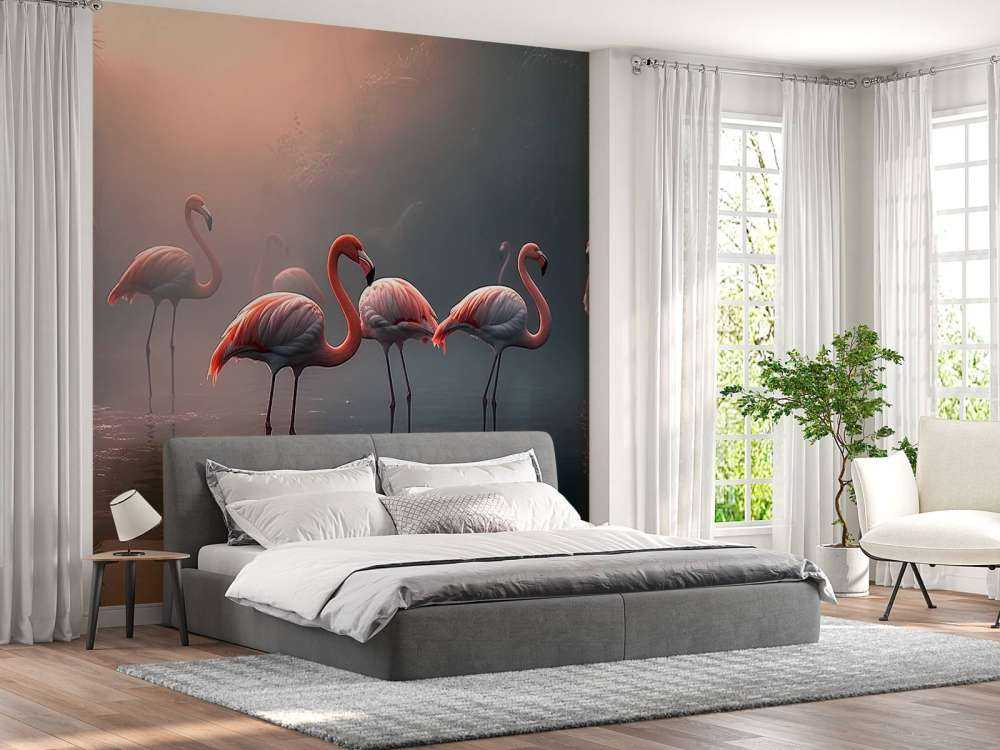 Nebeliger Flamingo Morgendämmerung