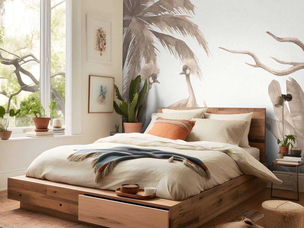 Dschungel mit Kranichen in Taupe