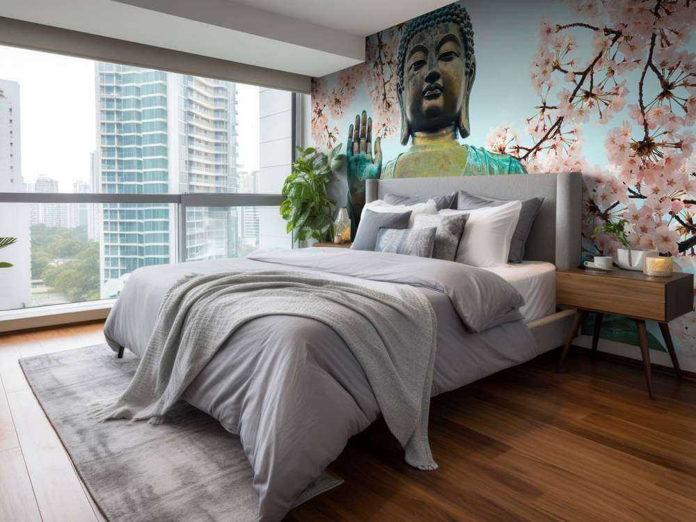 Buddha umgeben mit Kirschblüten