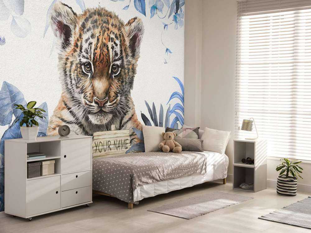 Niedlicher Tiger mit Pflanzen blau