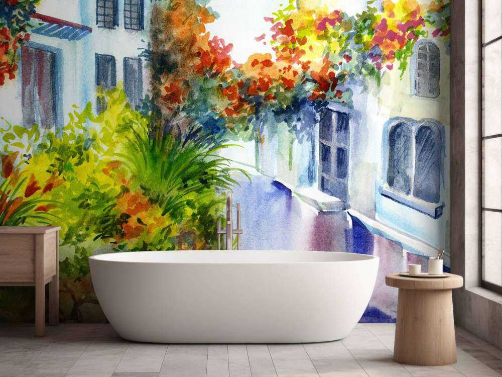 Aquarell Blumen und Gebäude
