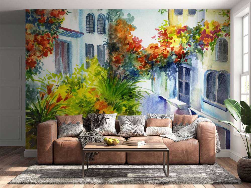Aquarell Blumen und Gebäude