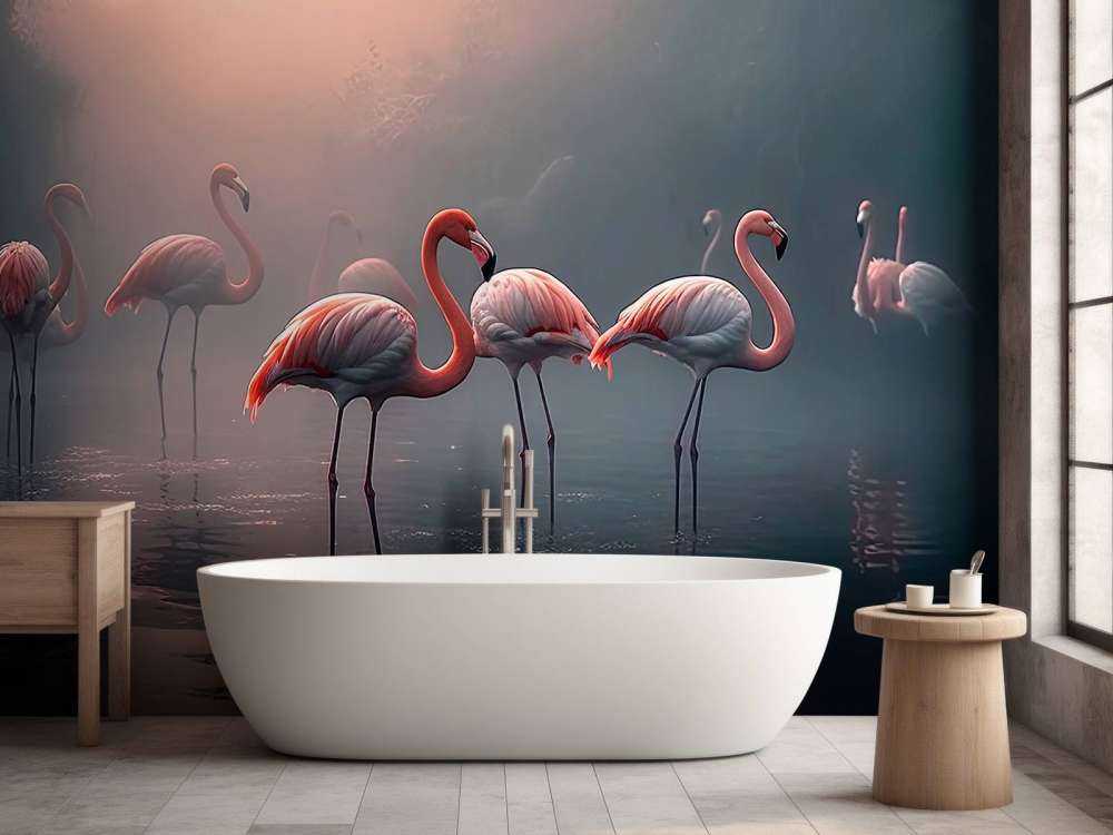Nebeliger Flamingo Morgendämmerung
