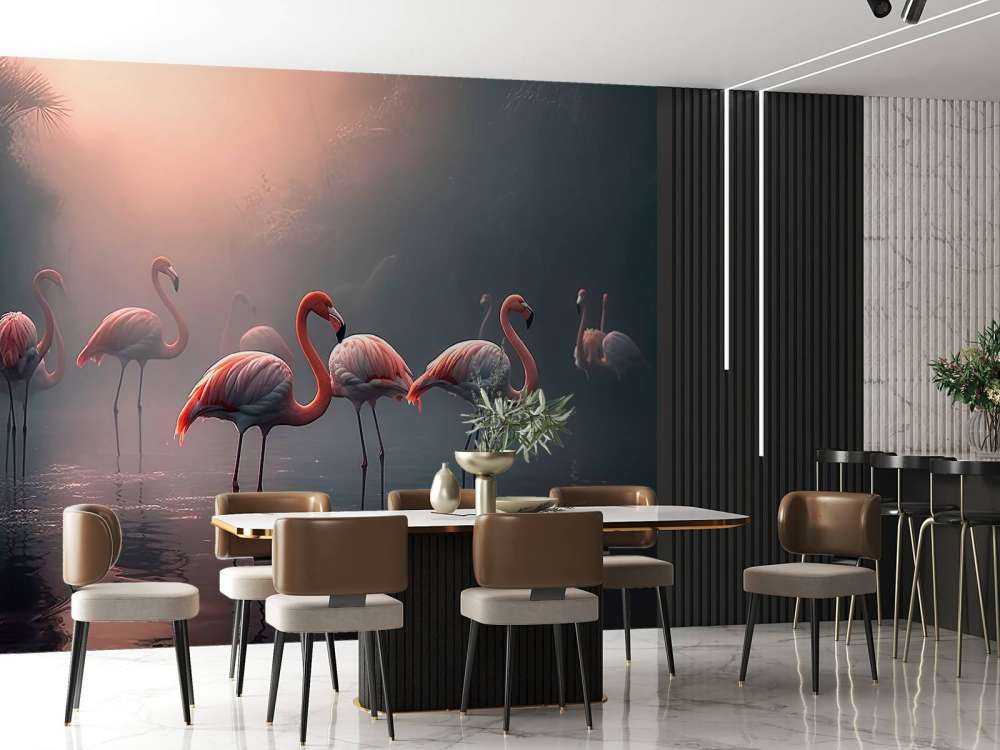 Nebeliger Flamingo Morgendämmerung