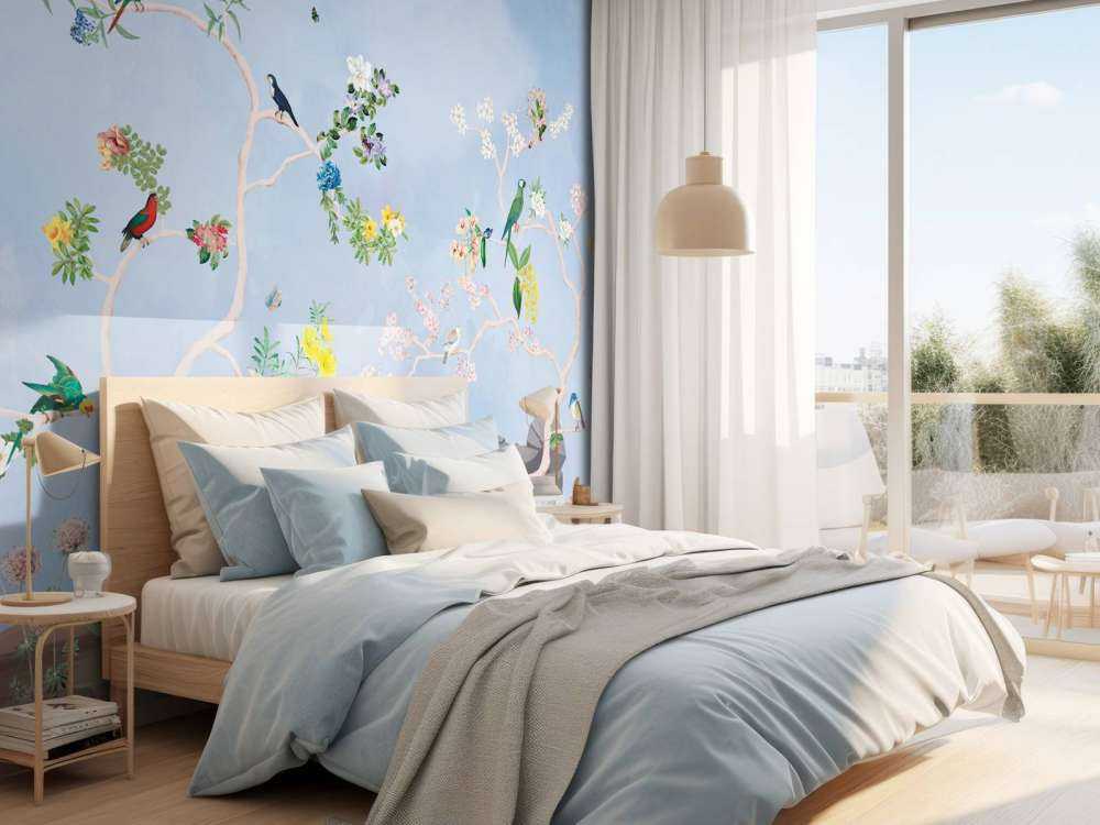 Vögel im Garten Blau Panorama