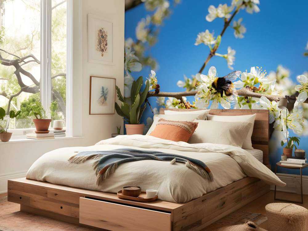 Hummel mit weißen Blüten