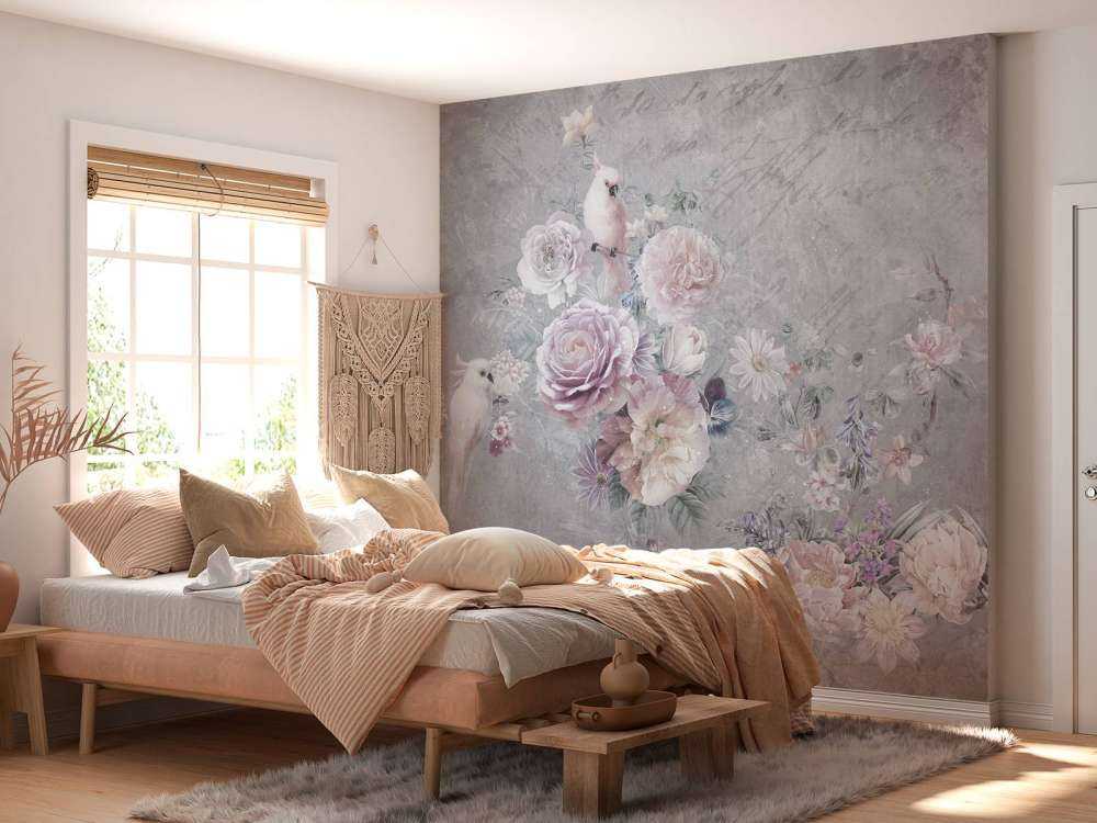 Papageien zwischen Blumen