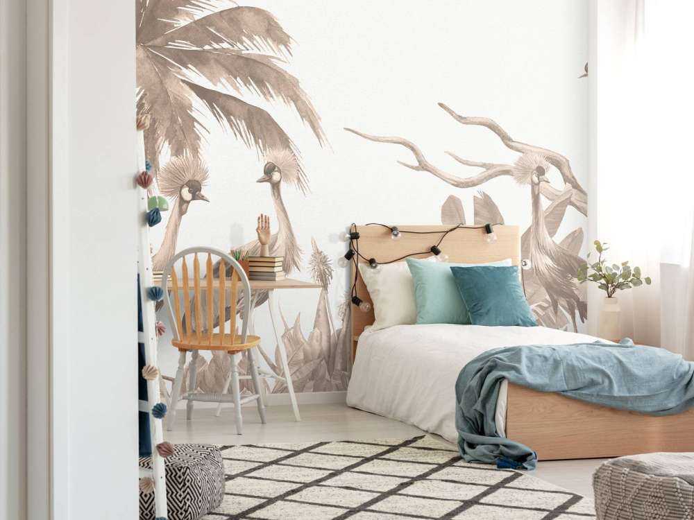 Dschungel mit Kranichen in Taupe