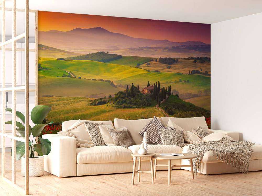 Roter Mohn mit italienischer Landschaft