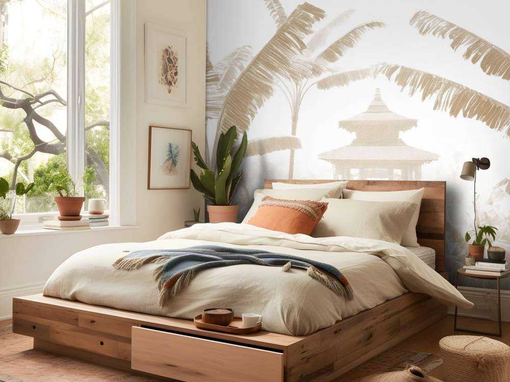 Nebeliger Tempelgarten, taupe