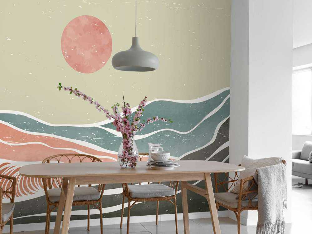 Bunte Meereswellen mit rotem Mond