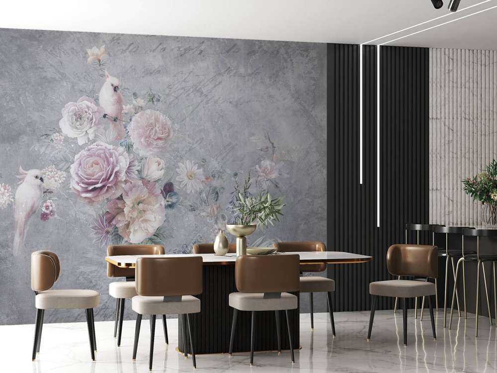 Papageien zwischen Blumen