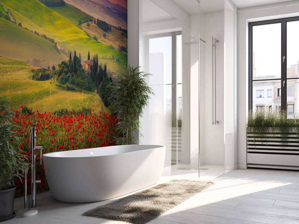 Roter Mohn mit italienischer Landschaft