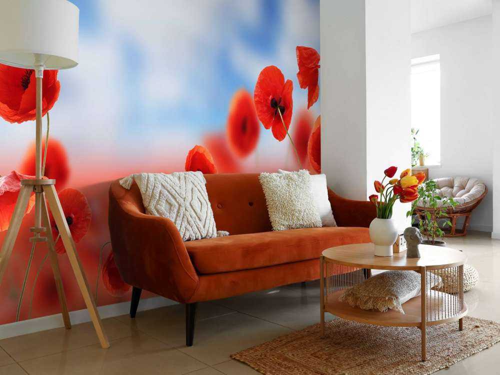 Blauer Himmel und rote Mohnblumen