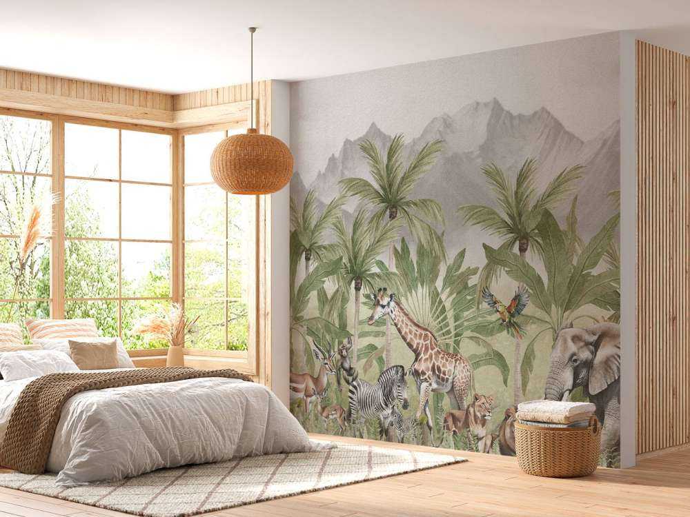 Berglandschaft mit Tieren in Farbe