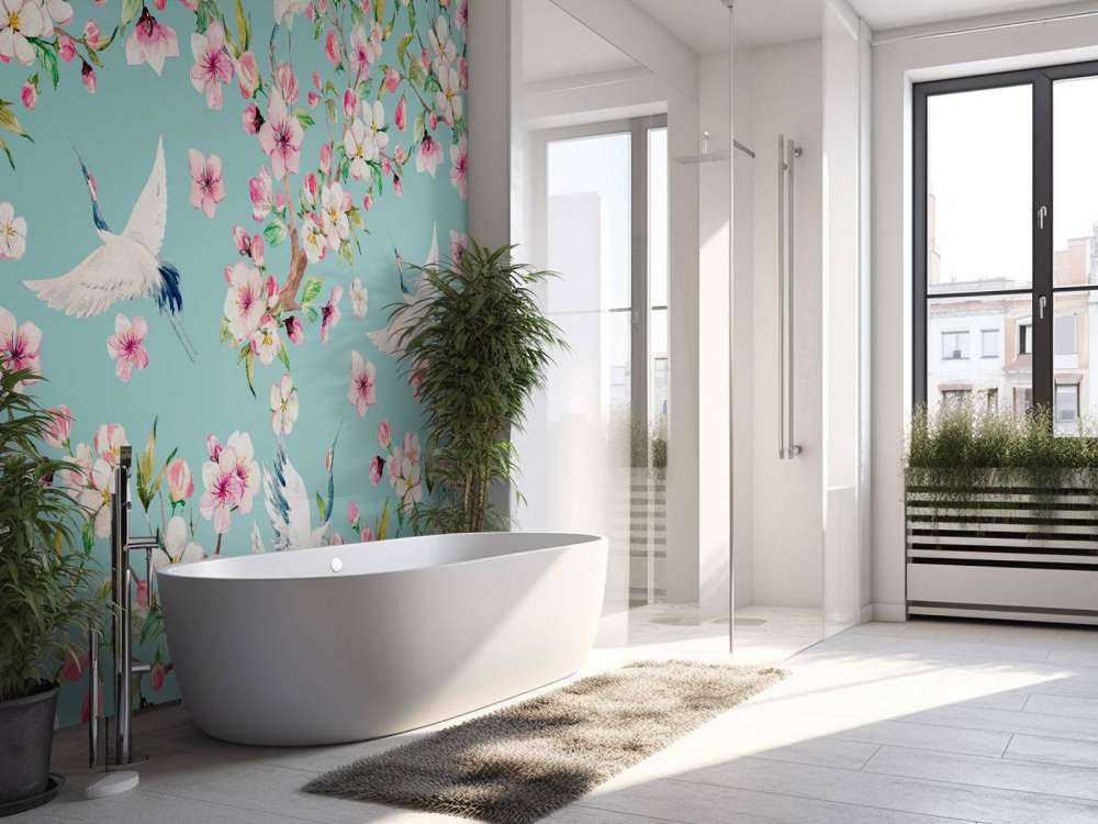 Kraniche zwischen rosa Blumen