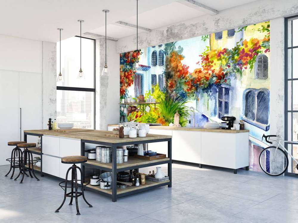 Aquarell Blumen und Gebäude