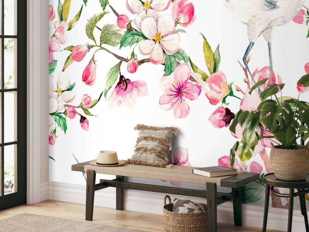 Gemalte Kraniche an Blumen
