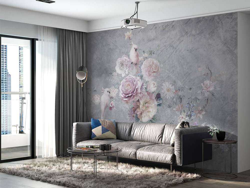 Papageien zwischen Blumen